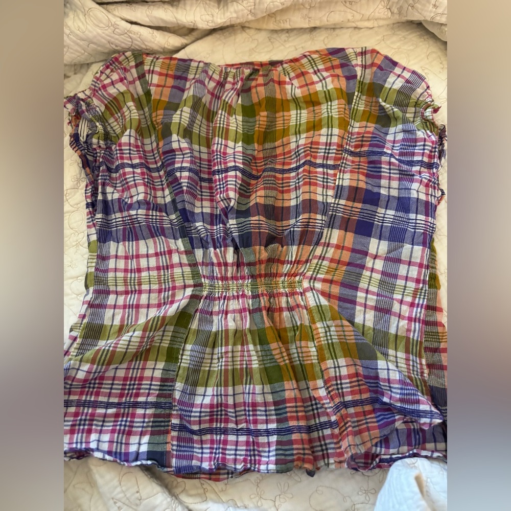 *Copy* Anthropologie Pilcro Plaid Multicolor Women's Short Sleeve Deep V Top - Picture 4 of 4